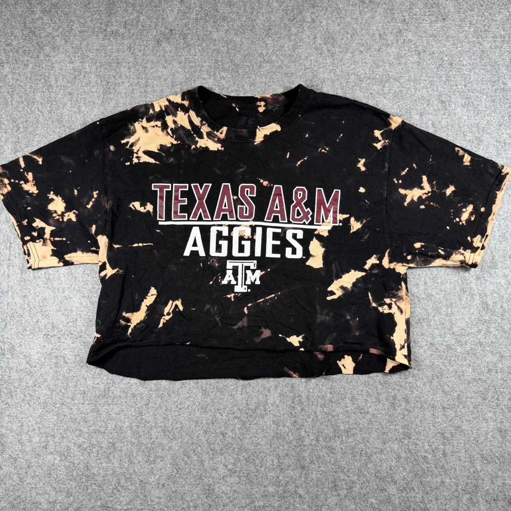 Russell Athletic Womens Texas A&M Aggies Crop Top T Shirt Black Bleach Tie Dye